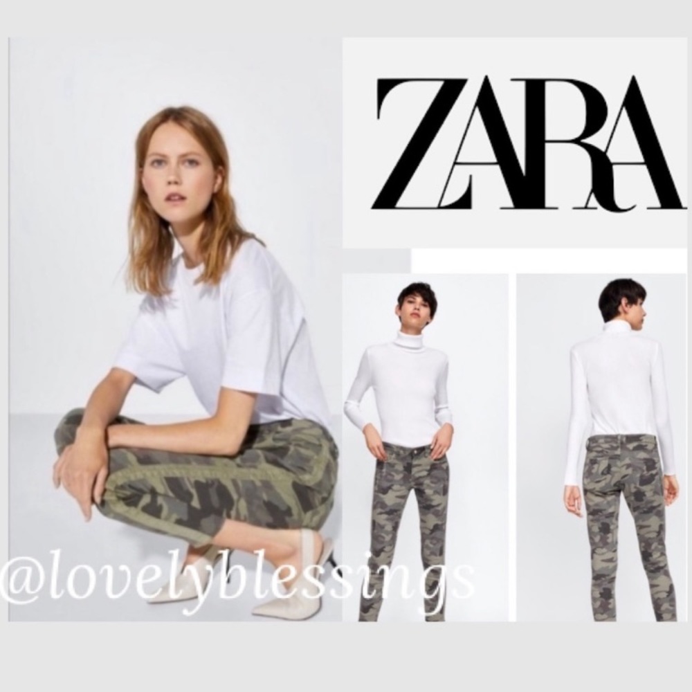 Zara Olive Denim Trousers Distressed Camo Military Raw Hem Utility Jeans Size 6